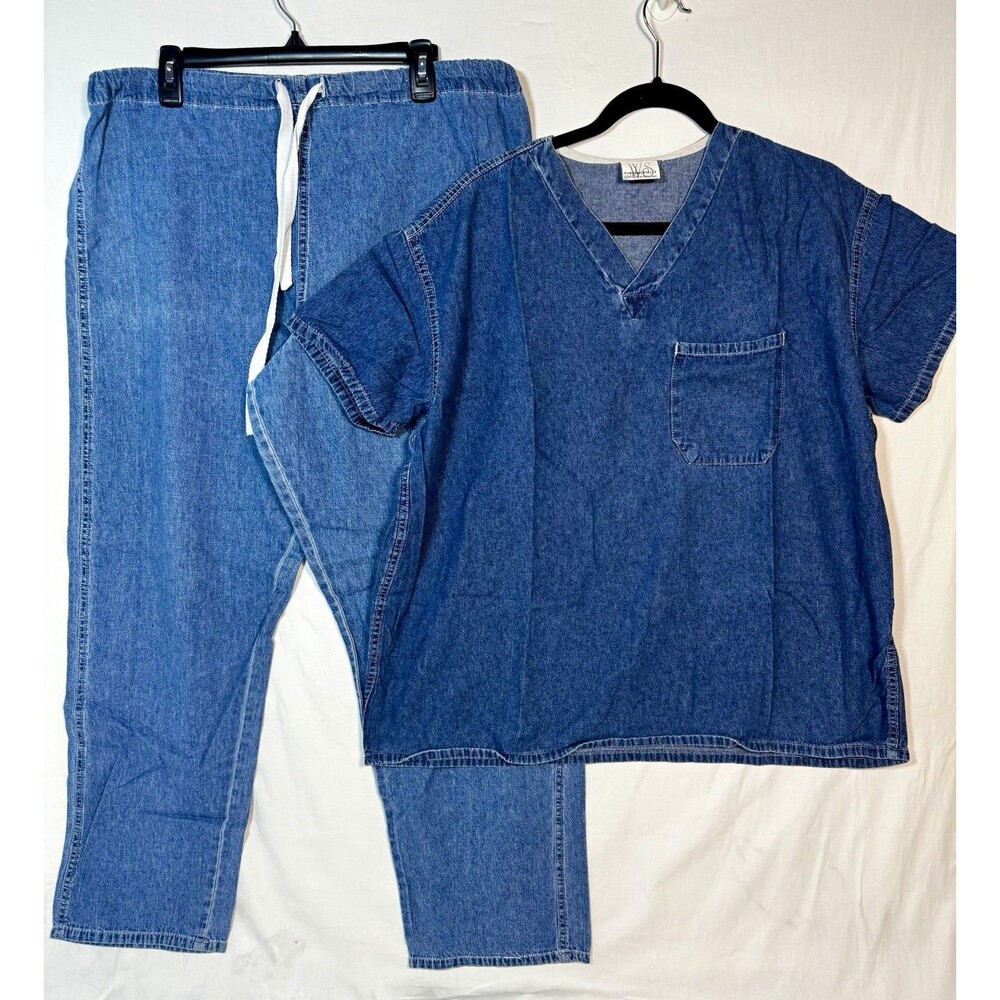 White Swan Fundamentally Cotton Unisex Blue Denim V-Neck Scrub Set L